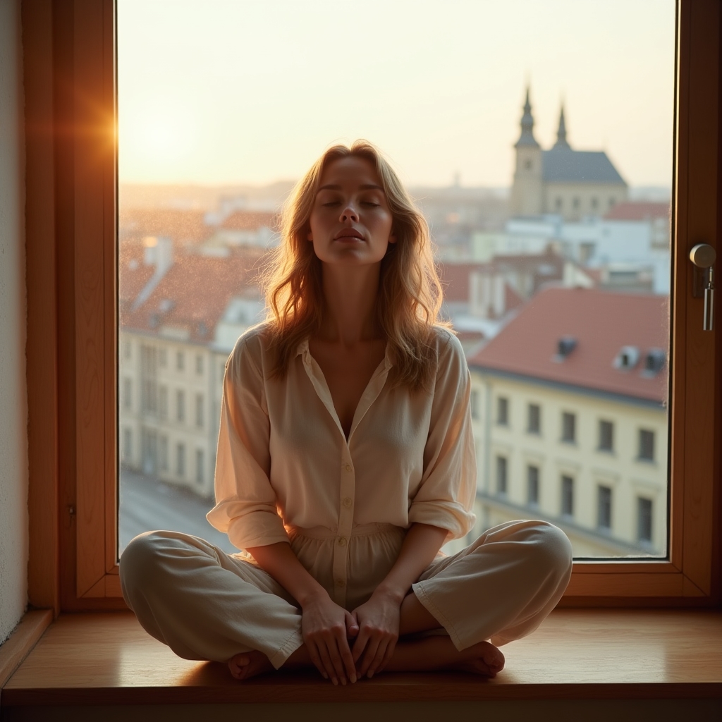 Žena medituje u okna za ranního světla