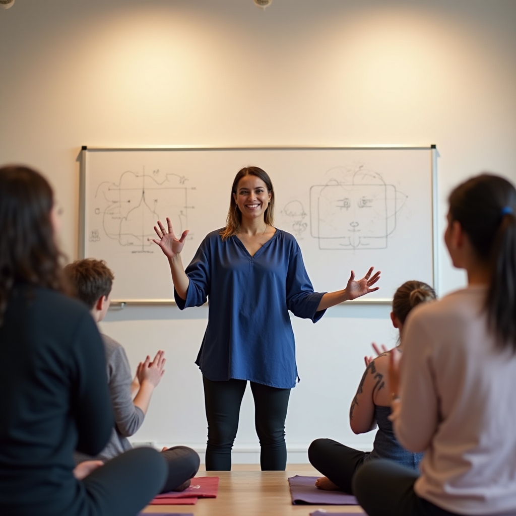 Instruktorka vysvětluje techniku mindfulness skupině lidí